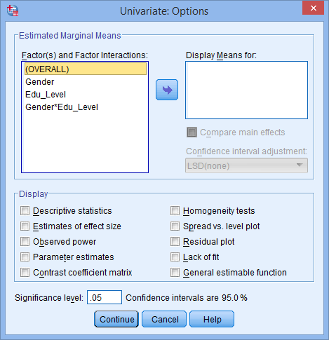 Two-way ANOVA Options Dialogue Box