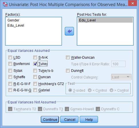 Two-way ANOVA post-hoc Dialogue Box