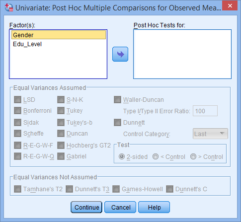 Two-way ANOVA post-hoc Dialogue Box